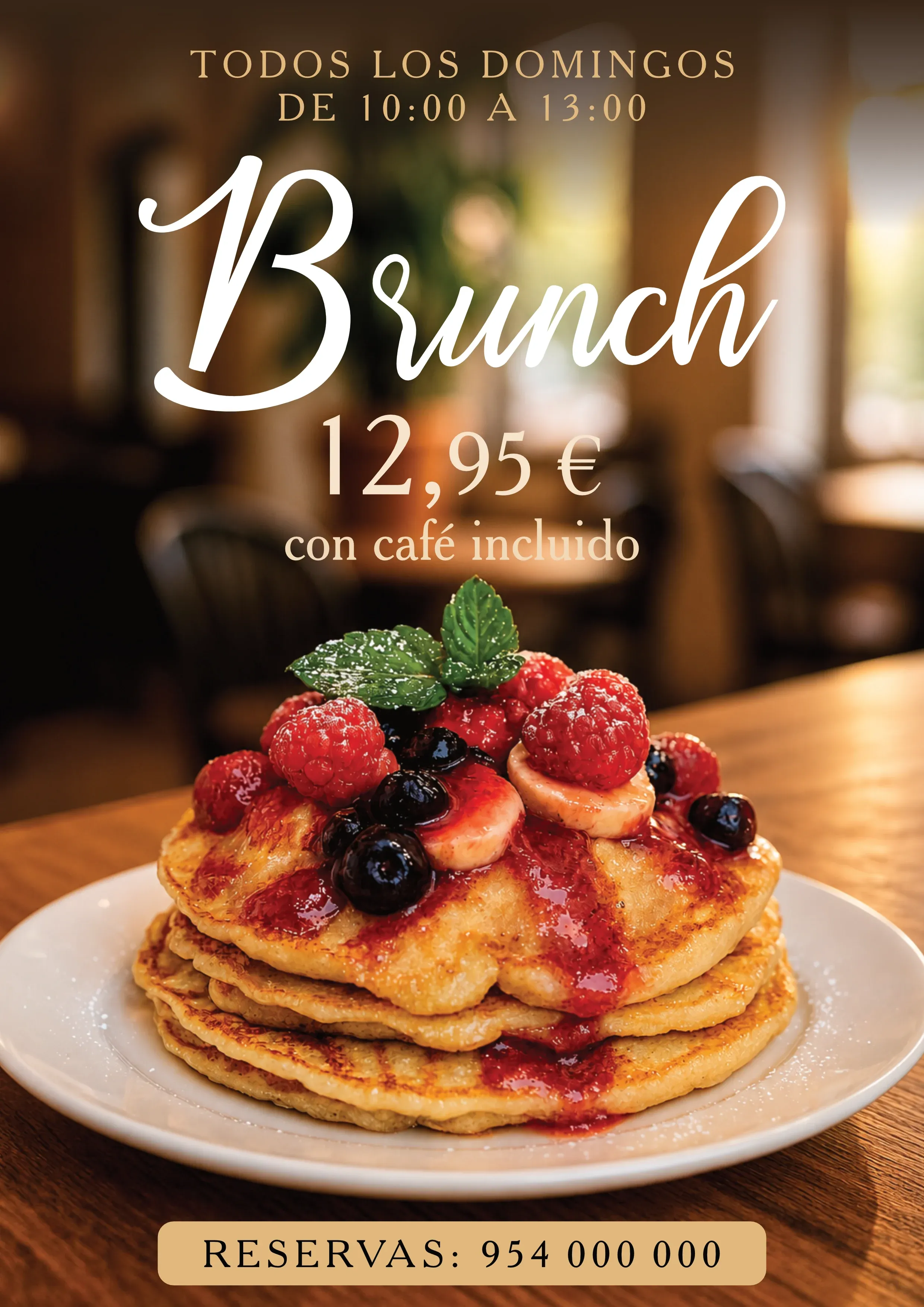 Cartel del brunch de los domingos: la palabra «Brunch» a mano, grande; debajo, 12,95 € con café incluido; arriba, el día y la hora; el plato de crepes con frutos rojos ocupa la mitad inferior y abajo, en una banda clara, «Reservas» y un teléfono