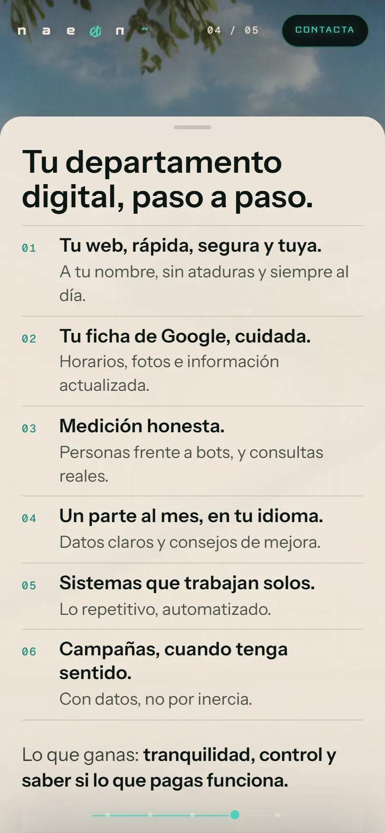 La lista de servicios en un móvil de 390 píxeles