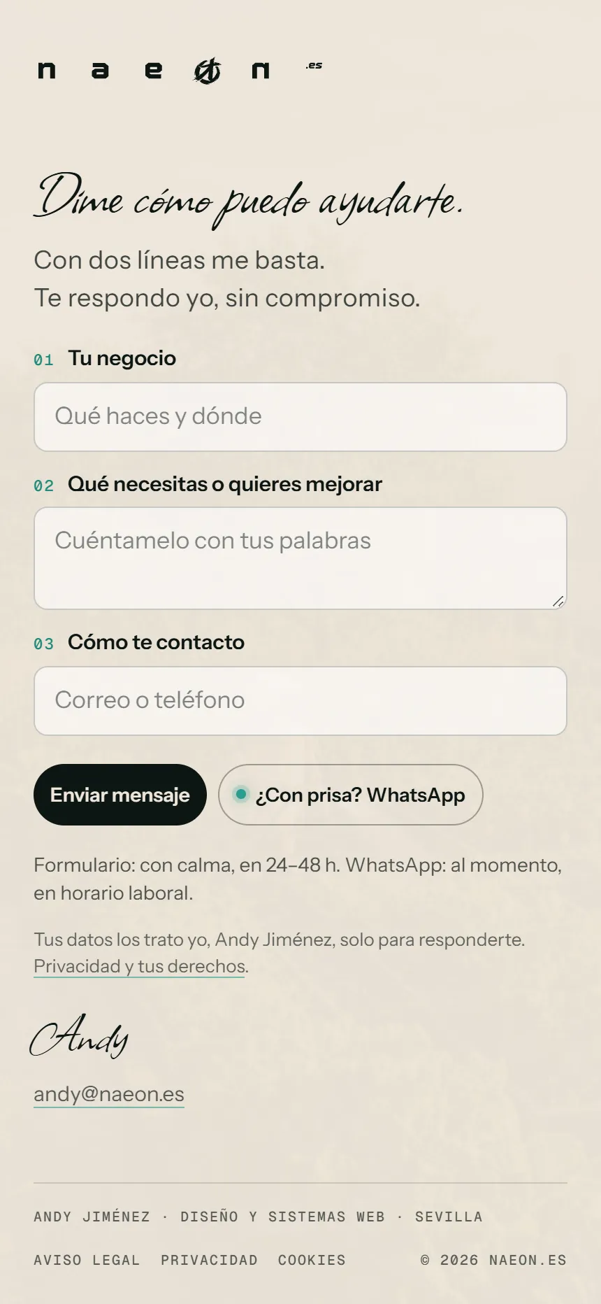 El formulario de contacto en un móvil de 430 píxeles